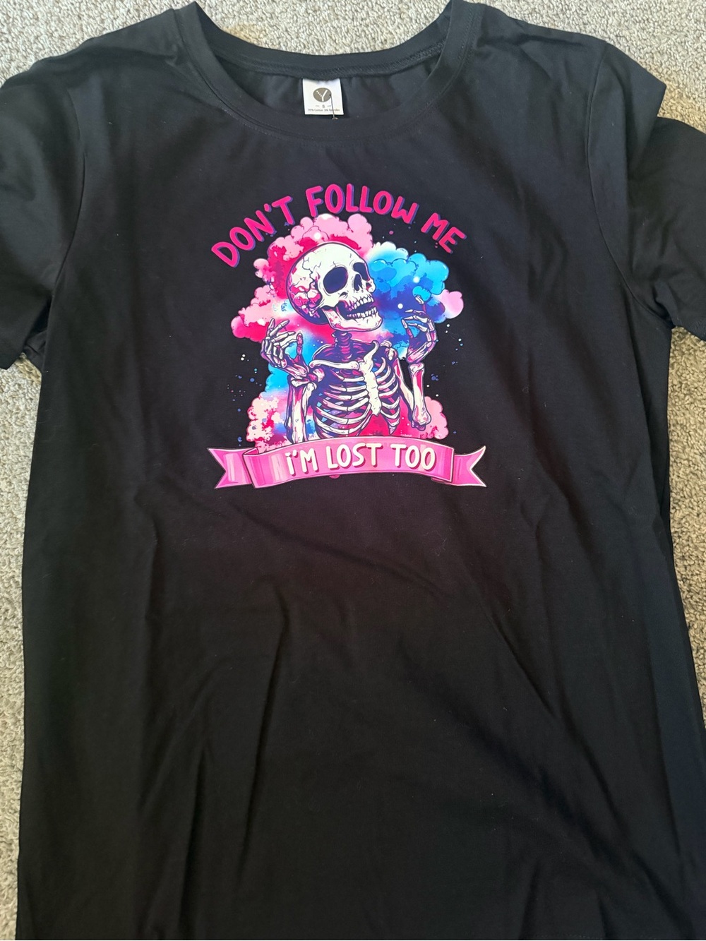 Don't Follow Me Black Graphic Short Sleeve Tee with Pink & Blue Skeleton